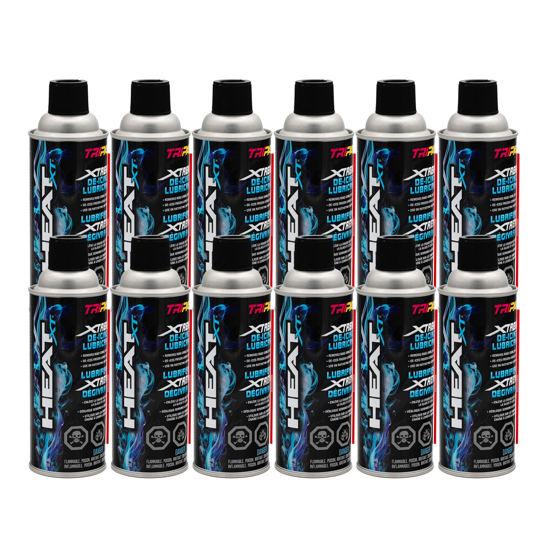 12 Cans of HEAT XT De-icing Lubricant on a white background
