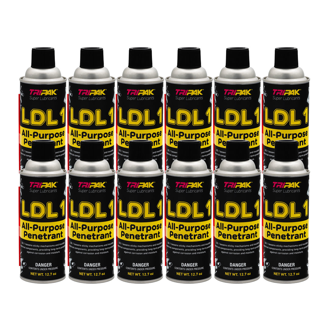 12 cans of Tripak LDL 1 All-Purpose Penetrant on a white background